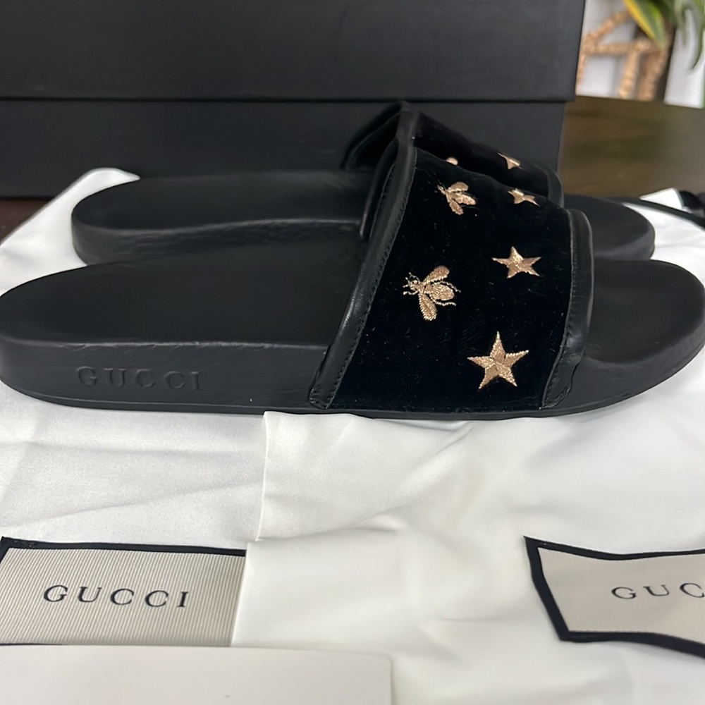 Gucci Slides black bee & gold star size 8 - Picture 7 of 11